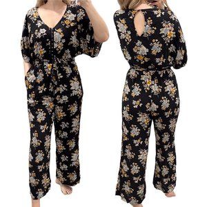 American Eagle Floral Print V Neck Hook-and-eye Tie Waist Wide Leg Jumpsuit Sz M